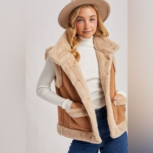 Tan Faux Sued Faux Shearling Lining Trim Vest